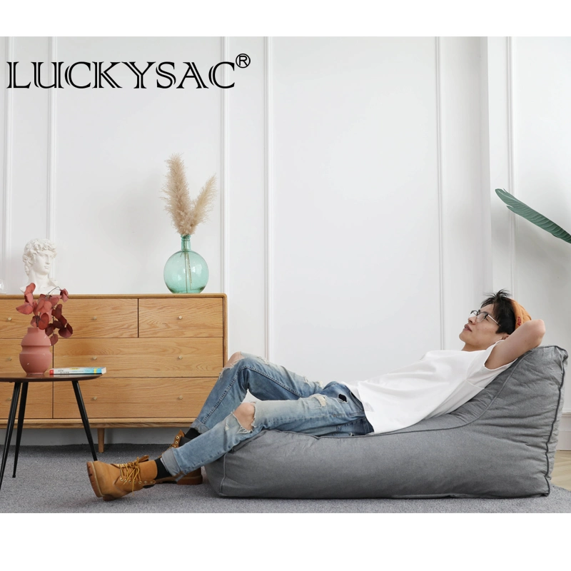 Luckysac Lounger XXL Foam Stuffed L Shape Sofa Bed, Faux Linen Floor Corner Beanbag Chair, Living Room Bean Bag