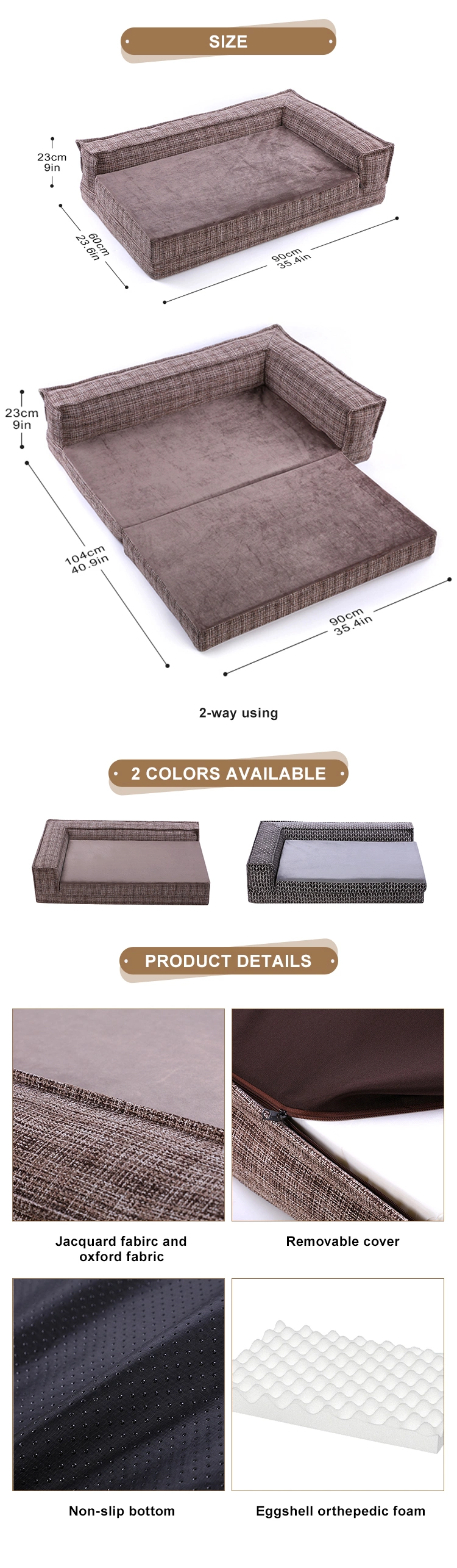 OEM Foldable 2 Ways Using Roll Jacquard Orthopedic Eggshell Memory Foam Large Dog Pet Bed Sofa